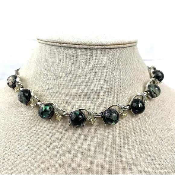 VTG Coro Lucite Confetti Necklace Gray Silver Tone 1950s Jewelry Signed 16" - Picture 4 of 16